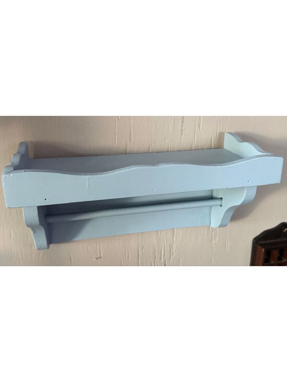171. Vintage Light Blue Wooden Wall Shelf with Towel Rack